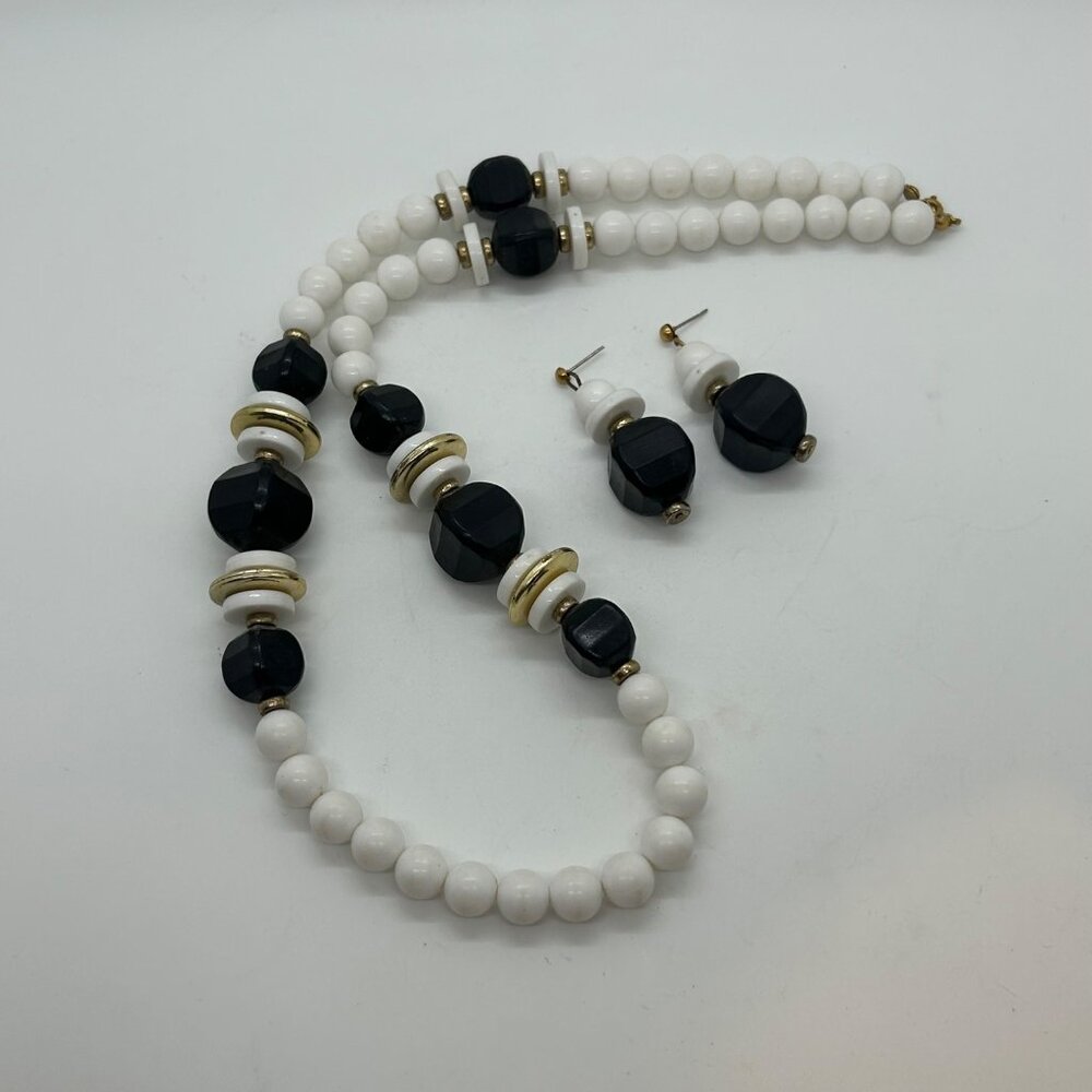 Vintage Black White Acrylic Bead Necklace Earring Set Gold Geometric 80s Jewelry